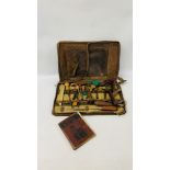 VINTAGE LEATHER BROWN CASE CONTAINING VARIOUS VINTAGE PIANO TUNING TOOLS AND ACCESSORIES + "MICHELS