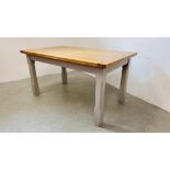 A MODERN DINING TABLE WITH PINE FINISH TOP AND GREY PAINTED FRAME - W 90CM. L 150CM.