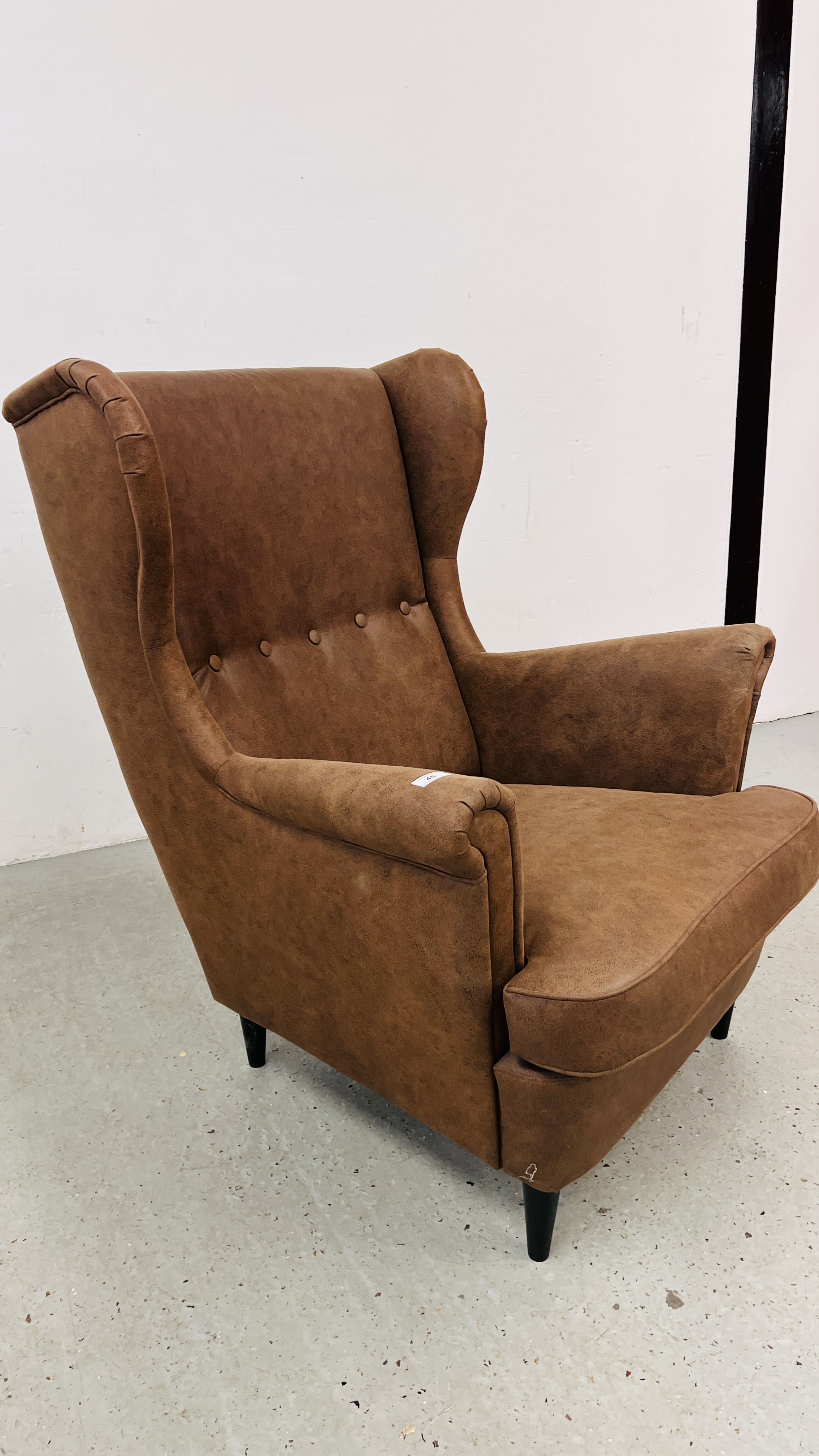 A MODEERN IKEA DESIGNER WINGED ARM CHAIR FAUX BROWN SUEDE UPHOLSTERTY - Image 6 of 7
