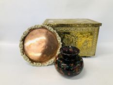 A REPRODUCED BRASS SHIP EMBOSSED COAL BUCKET ALONG WITH COPPER TRAY WITH SILVER WHITE METAL GRAPE