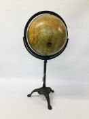 A MARSHALL FIELD & CO. 12 INCH TERRESTRIAL GLOBE IN BRASS GIMBLE STAND HEIGHT 75CM.