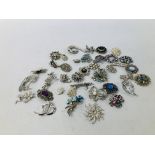 COLLECTION OF APPROXIMATELY 35 SILVER TONE VINTAGE AND RETRO BROOCHES