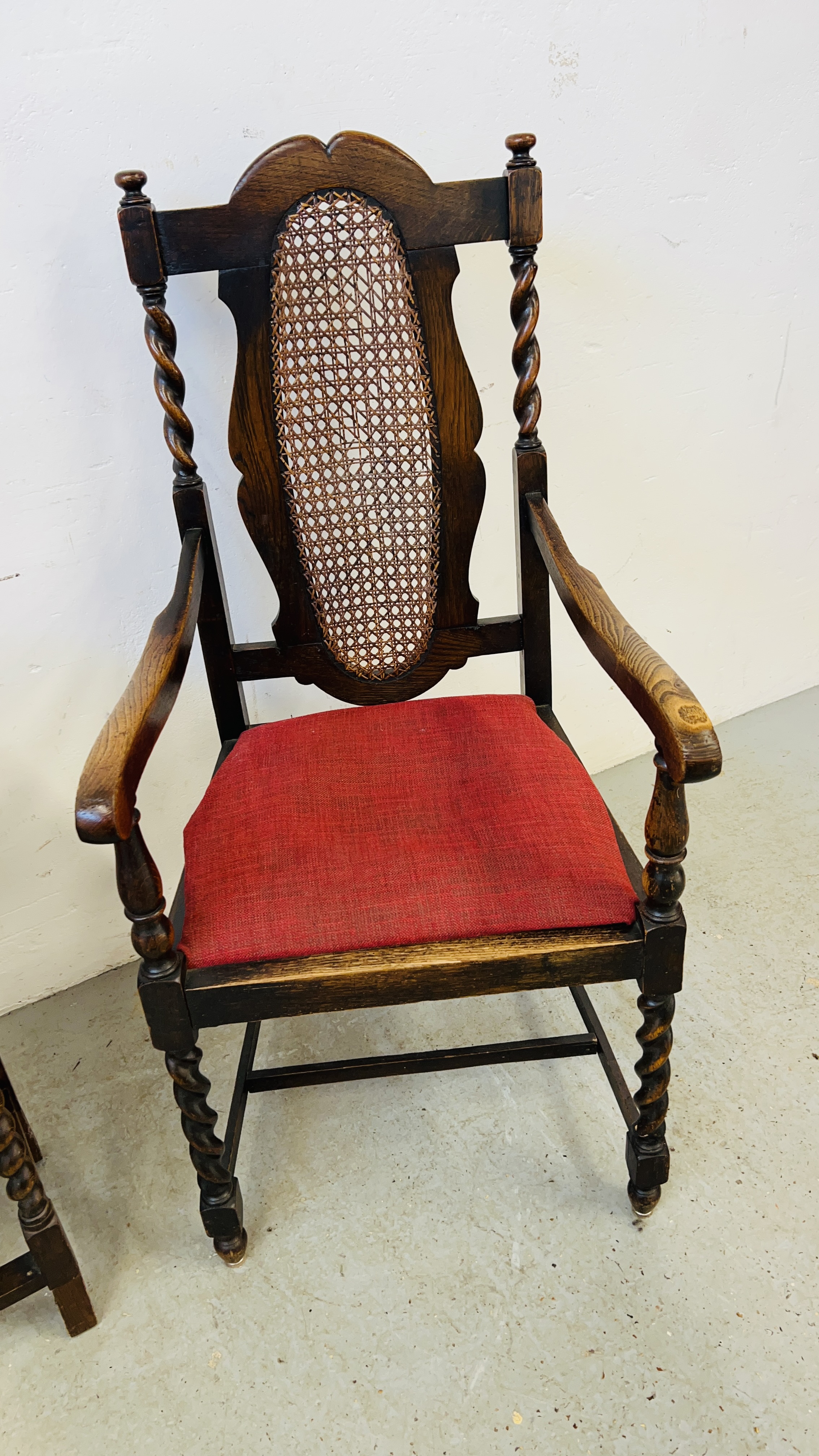 PAIR OF OAK BARLEY TWIST ELBOW CHAIRS WITH RATTAN WORK TO BACK PANELS AND SMALL OAK BARLEY TWIST - Image 8 of 14