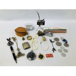 BOX OF ITEMS TO INCLUDE NOVELTY CAMERA LIGHTER, POCKET WATCH AND VESTA CASE, JEWELLERY AND COINS,