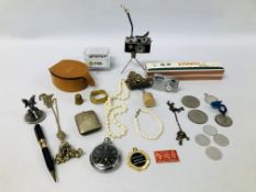 BOX OF ITEMS TO INCLUDE NOVELTY CAMERA LIGHTER, POCKET WATCH AND VESTA CASE, JEWELLERY AND COINS,