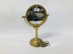 AN ARTS AND CRAFTS STYLE BRASS DRESSING TABLE MIRROR ALONG WITH A PAIR OF BRASS ARTS AND CRAFTS
