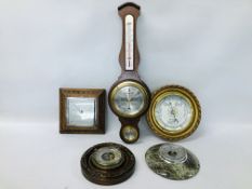 5 X VARIOUS VINTAGE BAROMETERS TO INCLUDE ONE IN A HARDSTONE SURROUND