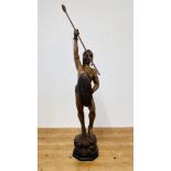 AN IMPRESSIVE HARDWOOD CARVED EAST AFRICAN WARRIOR FIGURE CARRYING SPEAR AND SHIELD HEIGHT TO TOP