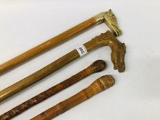 4 X VARIOUS WALKING STICKS TO INCLUDE TWO ORIENTAL CARVED,