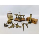 SET OF VINTAGE BRASS SCALES, 2 VINTAGE BRASS BOTTLE OPENERS, NUDES,