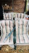 SET OF FOUR ALUMINIUM GARDEN CHAIRS WITH STRIPPED UPHOLSTERED SEAT CUSHIONS ALONG WITH A MATCHING