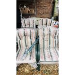 SET OF FOUR ALUMINIUM GARDEN CHAIRS WITH STRIPPED UPHOLSTERED SEAT CUSHIONS ALONG WITH A MATCHING