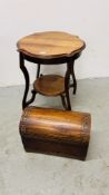 A MAHOGANY SHAPED TOP OCCASIONAL TABLE AND A REPRODUCTION DOME TOP TREASURY CHEST HINGE A/F.