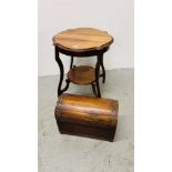 A MAHOGANY SHAPED TOP OCCASIONAL TABLE AND A REPRODUCTION DOME TOP TREASURY CHEST HINGE A/F.