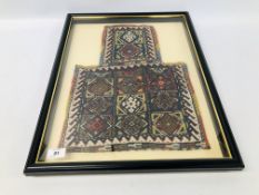 PROBABLY TURKOMAN NEEDLEWORK SALT BAG FRAMED (BAG SIZE H 47CM X W 34CM).