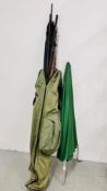 A QUANTITY OF FISHING RODS IN STEAD FAST 2000 CARRY CASE ALONG WITH LARGE FISHING UMBRELLA.