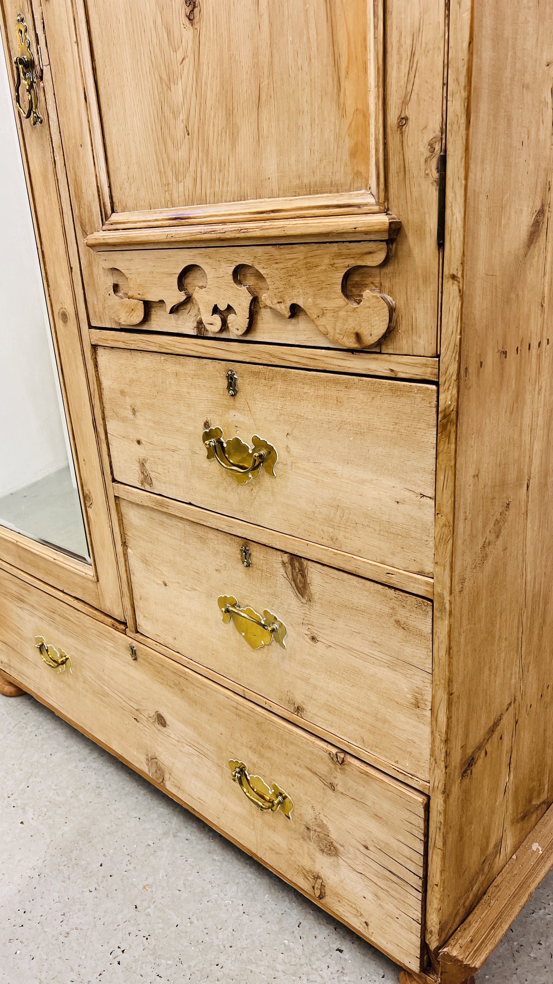 AN ANTIQUE WAXED PINE COMBINATION WARDROBE W 114CM, D 50CM, H 200CM. - Image 7 of 12