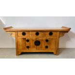 AN ORIENTAL DESIGN ALTAR TABLE W 181CM, D 46CM, H 85CM.