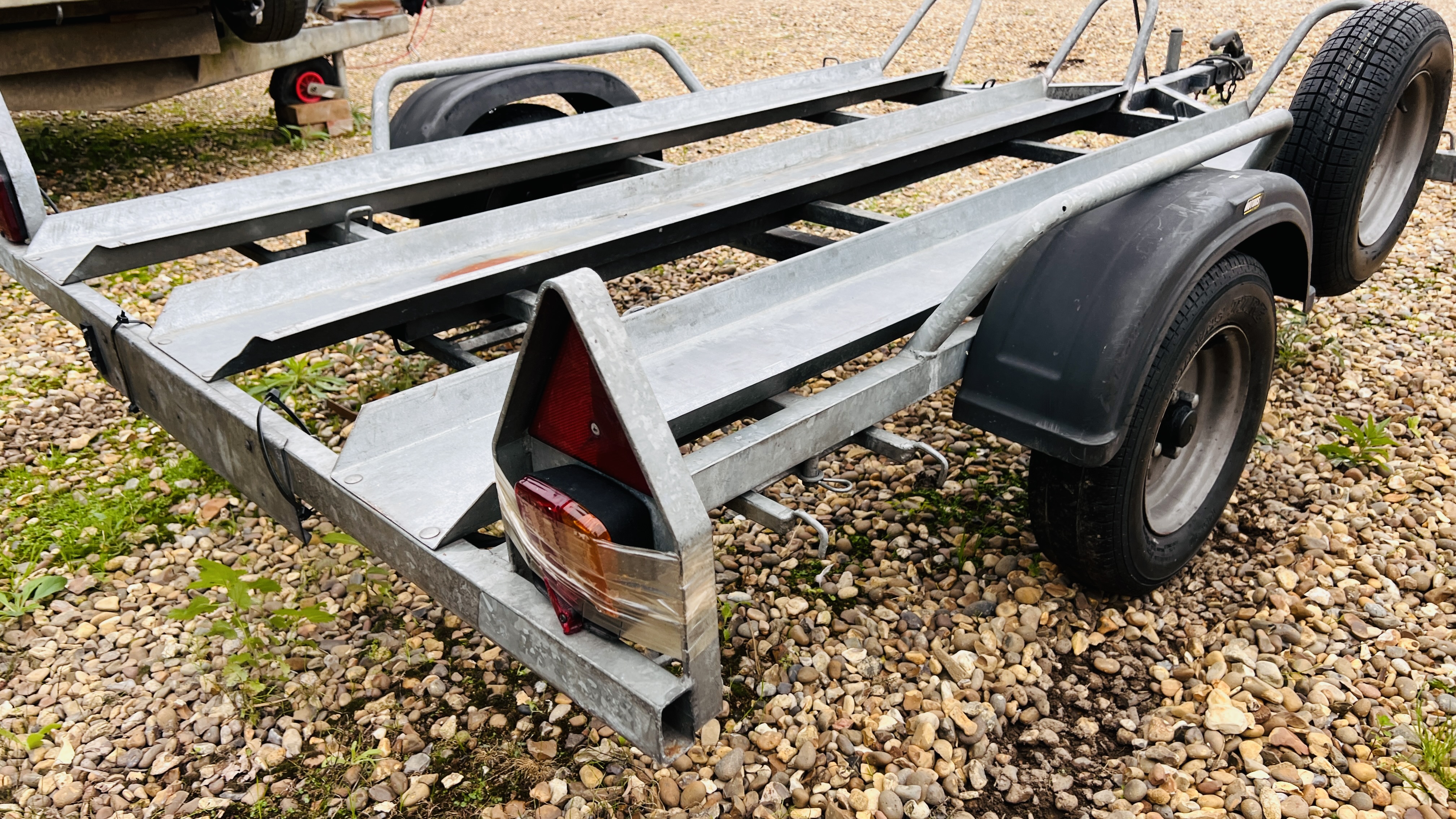 A METAFO GALVANISED MOTORCYCLE CAR TRAILER (THREE BIKE CAPACITY) - ROAD TYRES REQUIRE REPLACEMENT, - Image 7 of 13