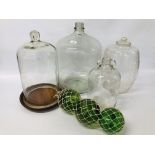 VINTAGE CLEAR GLASS DISPLAY BELL JAR ON CIRCULAR WOODEN BASE, VINTAGE GLASS BARREL AND COVER,