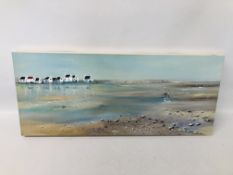 FRAMED OIL ON CANVAS LOCAL BEACH SCENE "FRONTLINE" BY JEAN JAUNEAY 79CM X 33CM.