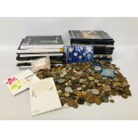 A LARGE QUANTITY OF WORLD AND MIXED COINS TO INCLUDE SETS ALONG WITH APPROXIMATELY 30 COIN