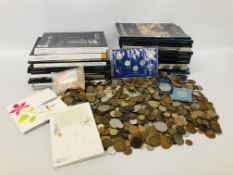 A LARGE QUANTITY OF WORLD AND MIXED COINS TO INCLUDE SETS ALONG WITH APPROXIMATELY 30 COIN