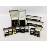 BOX OF ASSORTED GOLD TONE JEWELLERY TO INCLUDE TIE PINS, NECKLACES, BROOCHES ETC.