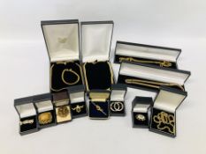 BOX OF ASSORTED GOLD TONE JEWELLERY TO INCLUDE TIE PINS, NECKLACES, BROOCHES ETC.