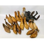 COLLECTION OF APPROX SIX PAIRS OF ANTIQUE HARDWOOD SHOE LASTS + PAIR OF HOBNAIL BOOTS AND CAST SHOE