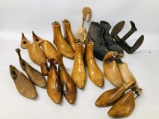 COLLECTION OF APPROX SIX PAIRS OF ANTIQUE HARDWOOD SHOE LASTS + PAIR OF HOBNAIL BOOTS AND CAST SHOE