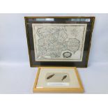 A FRAMED AND MOUNTED LATE C18TH MAP OF THE SHIRES ALONG WITH MOUNTED FOSSILISED FISH
