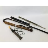 TWO VINTAGE HARDWOOD TRUNCHEONS ALONG WITH A DECORATIVE REPRODUCTION DAGGER IN SHEATH,