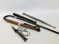 TWO VINTAGE HARDWOOD TRUNCHEONS ALONG WITH A DECORATIVE REPRODUCTION DAGGER IN SHEATH,