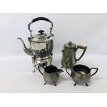 VINTAGE SILVER PLATED SPIRIT KETTLE ALONG WITH A VINTAGE 3 PIECE ARTS AND CRAFTS DON PEWTER TEASET