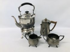 VINTAGE SILVER PLATED SPIRIT KETTLE ALONG WITH A VINTAGE 3 PIECE ARTS AND CRAFTS DON PEWTER TEASET