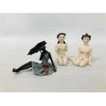 VINTAGE COLD PAINTED BRONZE STUDY OF A SEATED LADY HOLDING AN UMBRELLA BEARING MAKERS MARK H 7CM.