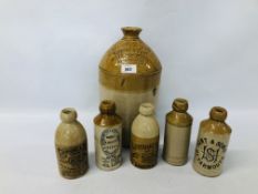 5 X VARIOUS STONEWARE GINGER BEER BOTTLES OF LOCAL INTEREST TO INCLUDE LAWRANCE & SONS,