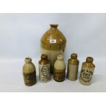 5 X VARIOUS STONEWARE GINGER BEER BOTTLES OF LOCAL INTEREST TO INCLUDE LAWRANCE & SONS,