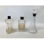 ELEGANT CLEAR GLASS DECANTER WITH SILVER COLLAR AND STOP ALONG WITH TWO OTHERS BOTH HAVING SILVER