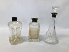 ELEGANT CLEAR GLASS DECANTER WITH SILVER COLLAR AND STOP ALONG WITH TWO OTHERS BOTH HAVING SILVER