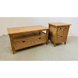 A MODERN OAK COFFEE TABLE WITH TWO DRAWER WICKER BASKET BASE ALONG WITH A MATCHING THREE BASKET
