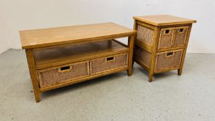 A MODERN OAK COFFEE TABLE WITH TWO DRAWER WICKER BASKET BASE ALONG WITH A MATCHING THREE BASKET