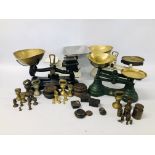 FOUR SETS OF VINTAGE KITCHEN SCALES TO INCLUDE VARIOUS BRASS WEIGHTS "THE VIKING", "LIBRASCO", ETC.