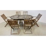 A DEUBA SOLID TEAK WOOD PATIO FURNITURE SET COMPRISING TABLE 160CM. X 85CM.