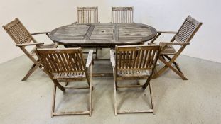 A DEUBA SOLID TEAK WOOD PATIO FURNITURE SET COMPRISING TABLE 160CM. X 85CM.