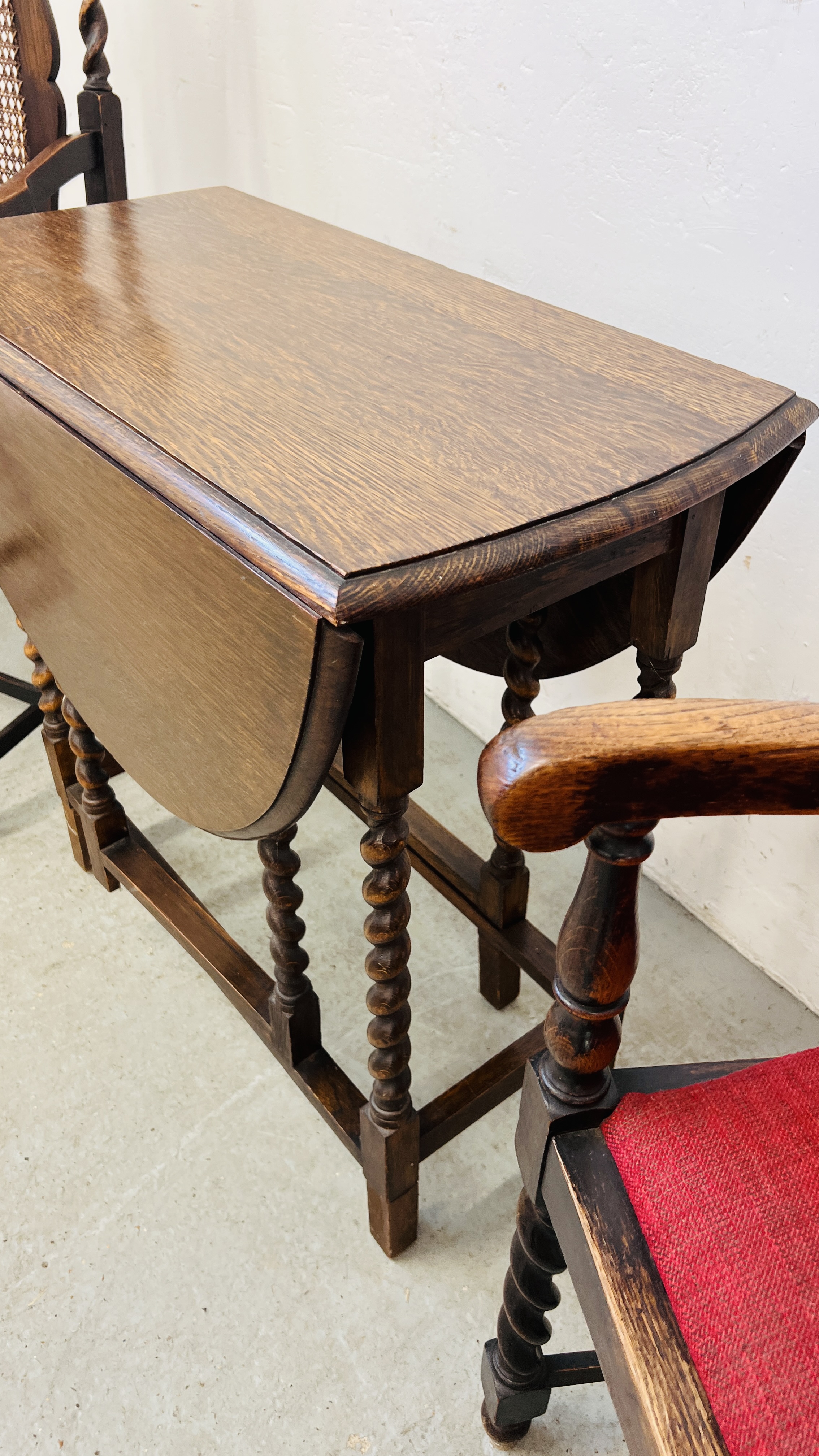 PAIR OF OAK BARLEY TWIST ELBOW CHAIRS WITH RATTAN WORK TO BACK PANELS AND SMALL OAK BARLEY TWIST - Image 11 of 14