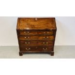 A GEORGE III MAHOGANY FALL FRONT BUREAU, THE FITTED INTERIOR ABOVE FOUR LONG DRAWERS,