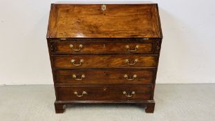 A GEORGE III MAHOGANY FALL FRONT BUREAU, THE FITTED INTERIOR ABOVE FOUR LONG DRAWERS,