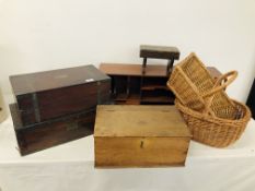 MODERN HARDWOOD PIGEON HOLE, TWO WICKER BASKETS, VINTAGE APPRENTICE STOOL, TEACHERS WHISKEY BOX,